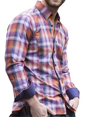 NEW EIGHT X Jacquard Bordeaux Modern Slim Fit Luxurious Textured Plaid Shirt